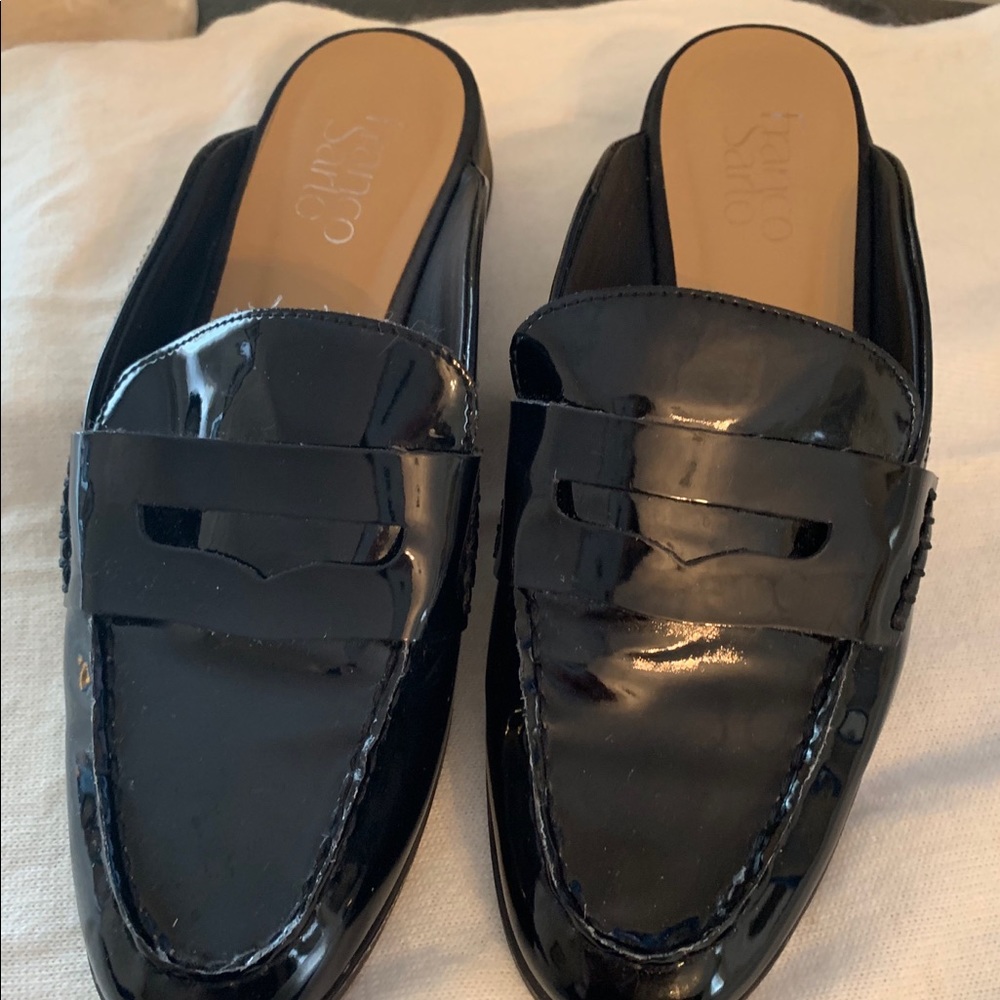 Franco Sarto Black Patent Leather Mules